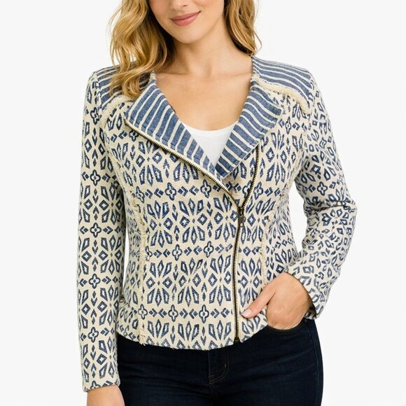 Lucky Brand Cotton Moto Zip Jacket Sweater Blue Ivory Print Fringe Womens Small - Picture 1 of 12